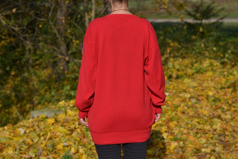 May include: A red long-sleeved sweater with a crew neck.