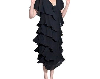 Vintage Ann Hobbs Black Dress Tiered Chiffon with Rosette 80s 90s Size M