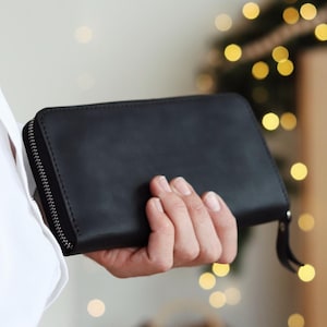 Cartera larga de cuero hecha a mano con cremallera Regalo de tercer aniversario Cartera de cuero personalizada