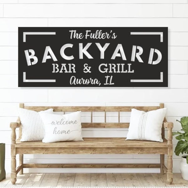 Backyard metal sign, Bar and Grill Outdoor decor, Backyard Oasis, Outdoor Backyard Pool sign, BBQ Family Name Sign, Poolside decor