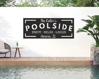 Family Pool sign, Poolside Oasis Metal sign, Outdoor Backyard Pool sign, Modern Pool sign, Poolside Family Name Sign, Poolside decor