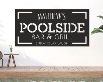 Family Pool sign, Poolside Bar and Grill Metal sign, Outdoor Pool sign, Modern Pool sign, Personalized  Family Name Sign, Poolside decor