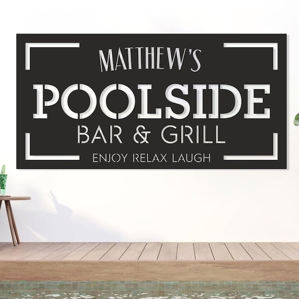 Family Pool sign, Poolside Bar and Grill Metal sign, Outdoor Pool sign, Modern Pool sign, Personalized  Family Name Sign, Poolside decor