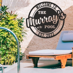 Family Pool sign, Round Metal Pool sign, Pool metal sign, Modern Pool sign, Personalized Backyard Pool Family Name Metal Sign, Pool decor