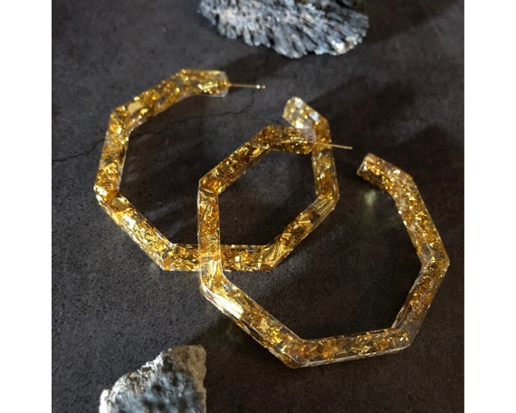 OCTAGON HOOP EARRINGS Glitter Jewellery Gold Hoop Lightweight