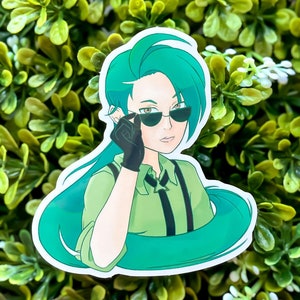 May include: A green and black cartoon character with green hair and sunglasses. The character is wearing a green shirt with a black tie and black suspenders. The character is surrounded by a green swirl.