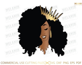 Afro Queen With Crown SVG, Diva, Queen Boss, Lady, Black Woman, Glamour, Melanin, SVG, PNG Vector Clipart Silhouette Cricut Cut Cutting