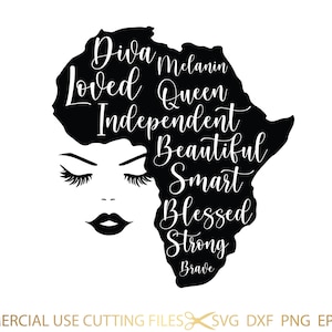 Africa Silhouette SVG, Afro SVG, Black History Month SVG, Afro Woman Svg, Black Queen Svg Cut File Silhouette, Cricut Svg, Dxf, Eps, Png