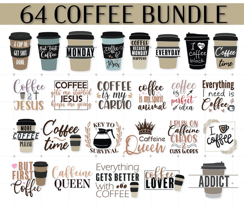 64 Coffee Bundle Svg Designs, Funny Coffee Quotes Svg, Coffeine Svg File for Cutting Machine, Silhouette Cameo, Cricut, Commercial Use. image 2