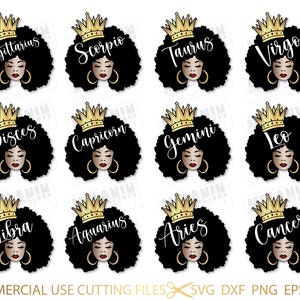 Queen Zodiac Bundle SVG, Horoscope Svg, 12 Zodiac Designs Svg, Black Woman, Afro Cut Files, File for Cricut, Silhouette , Instant Download