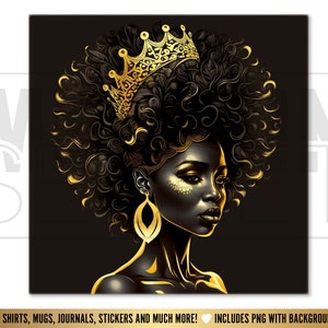 Linda garota negra mágica com coroa PNG, mulher negra melanina, garota da moda afro, afro-americana, planejador, camiseta, copo, sublimação.