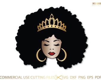 Afro Diva SVG, Corona, Reina Jefa, Dama, Mujer Negra, Glamour, Goteo, Nubian, Melanina, SVG, PNG Vector Clipart Silueta Cricut Corte Corte