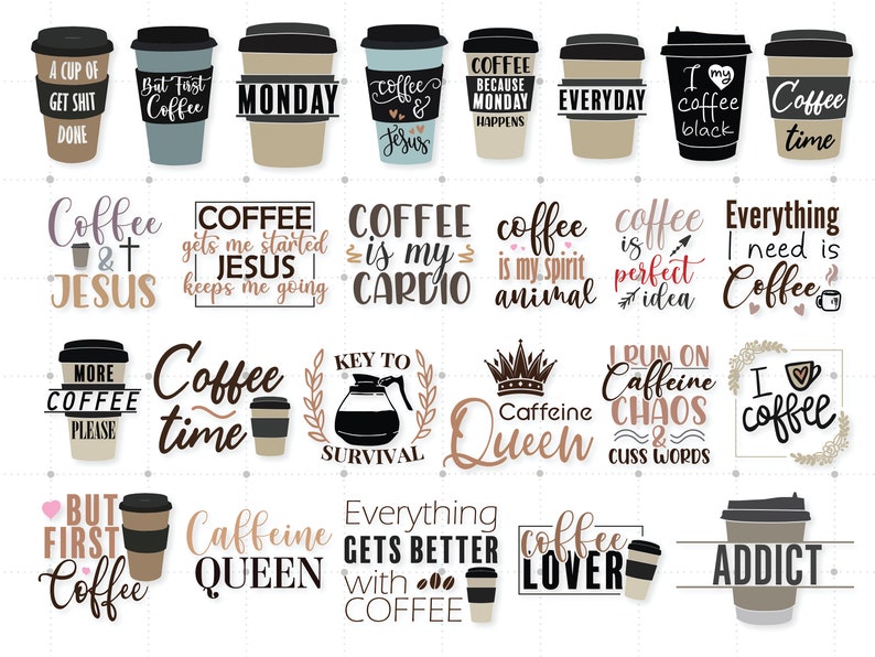 64 Coffee Bundle Svg Designs, Funny Coffee Quotes Svg, Coffeine Svg File for Cutting Machine, Silhouette Cameo, Cricut, Commercial Use. image 1