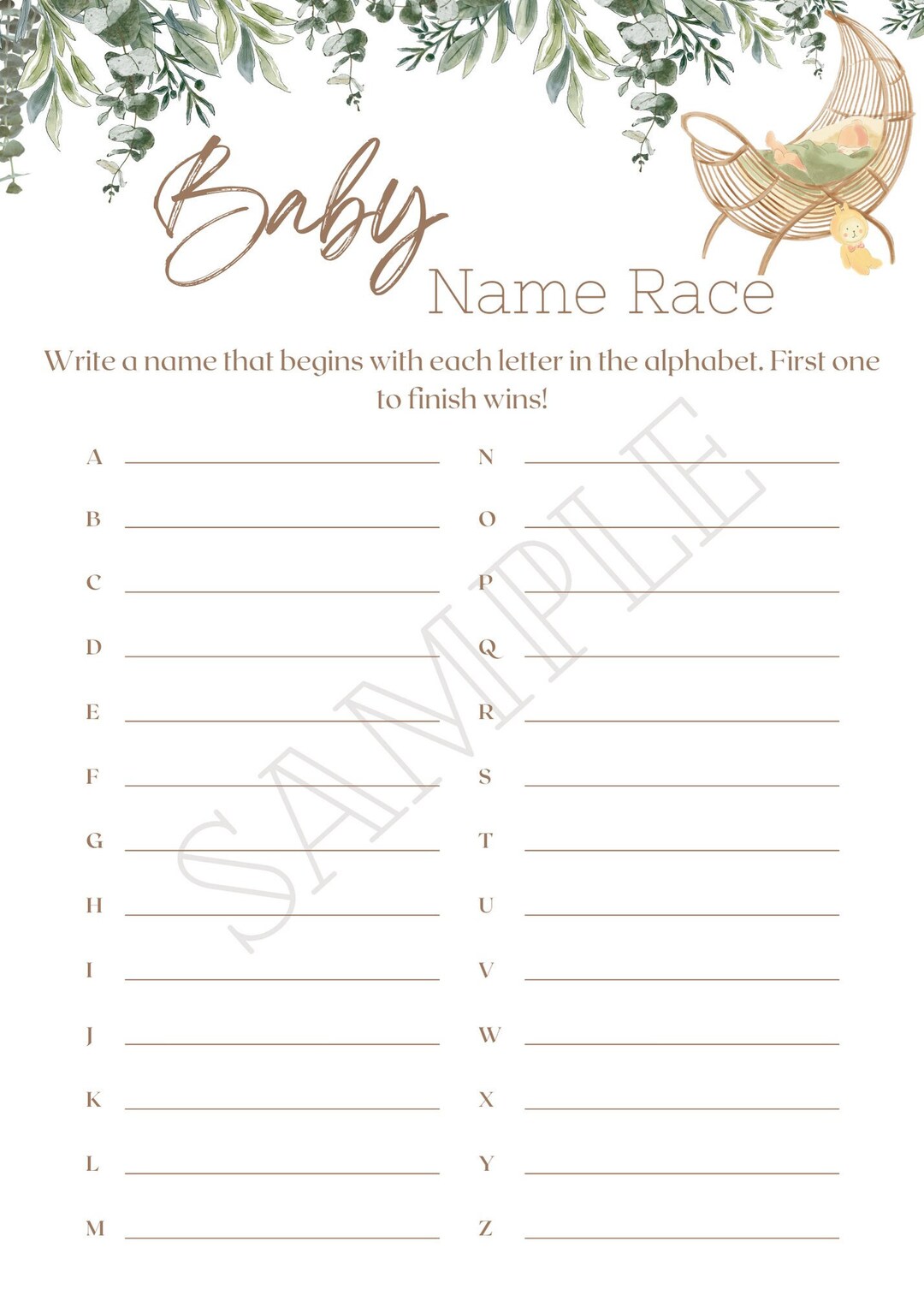 Baby Shower Name Race Game Boho Crib Sage Green Etsy