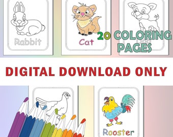 Páginas para colorear para niños, 20 páginas para colorear de animales de granja imprimibles, Libro para colorear para niños, animales imprimibles para niños, Descarga instantánea