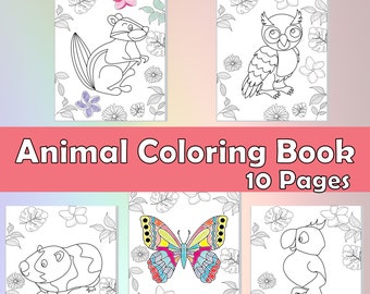 Animal Coloring Pages for Kids, 10 Coloring Pages for Kids, Coloring Sheets Book, Coloring Book for Toddler, Instant Download