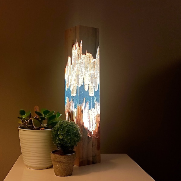 Monolith Epoxidharz-Lampe | Epoxidharz Nachttischlampe | Einzigartige Harz und Holz Nachttischlampe für Schlafzimmer | Massive Holz & Harz Lampe
