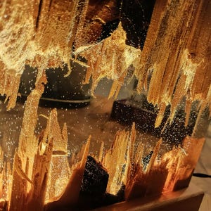 The Fission Resin Lamp, an Epoxy Resin Nightlamp with Oak Wood & Resin Decor, is a Wooden Modern Table Lamp ideal for home decor. This Resin Nightstand Lamp combines natural oak and epoxy resin, offering a sleek, contemporary glow for your nightstand or living space in a unique, handcrafted design.