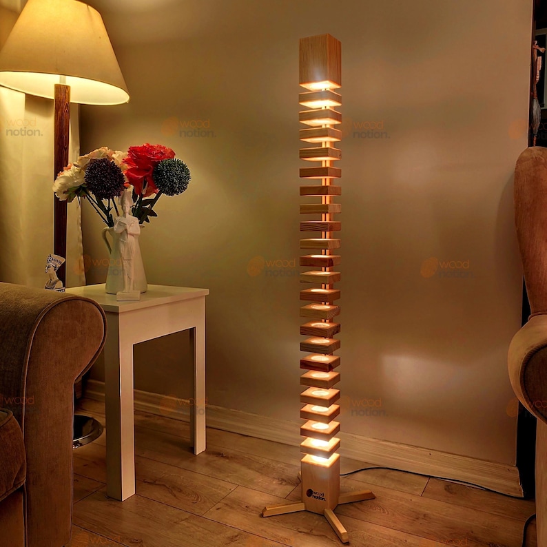 Echelon Wooden Floor Lamp, Standing Wood Modern Lamp, Rustic Ambiance Floor Lamp, Handmade Wooden Furniture, Gift for Valentine's Day