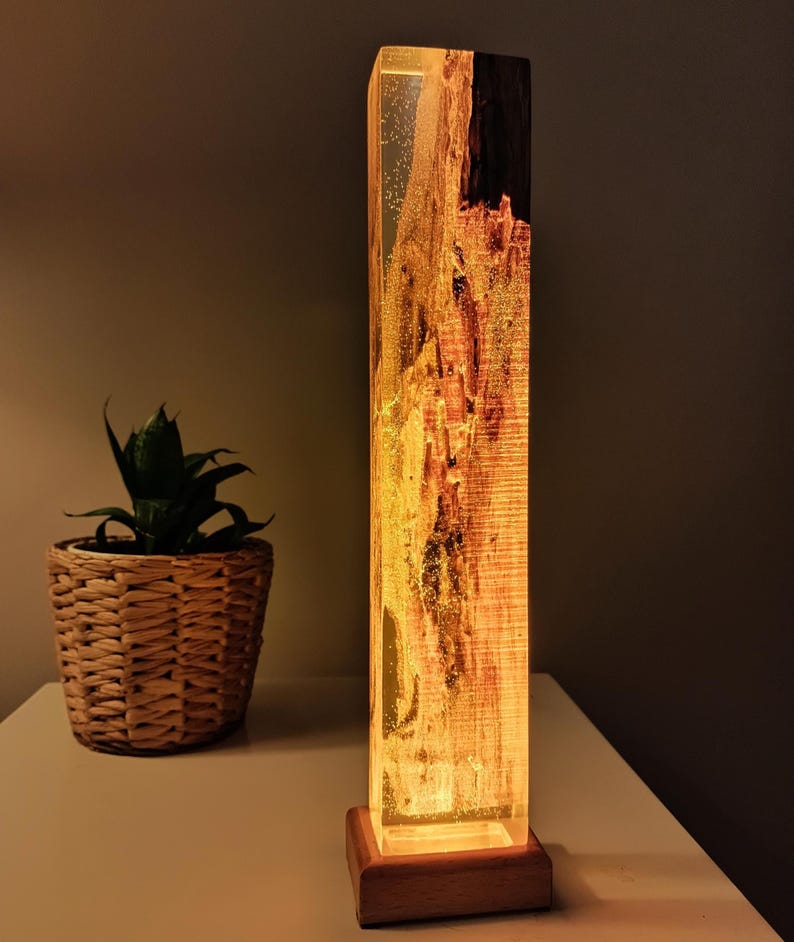 Lava Epoxy Resin Lamp, Tall Wooden Lamp for Nightstand, Bedside Decoration Lamp, Wooden Epoxy Resin Light