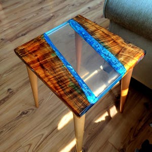 Resin Coffee Table | Mazel Epoxy Side Table Epoxy Resin Sofa End Table | Modern Handmade Furniture Wooden Legs | Square Wooden Table