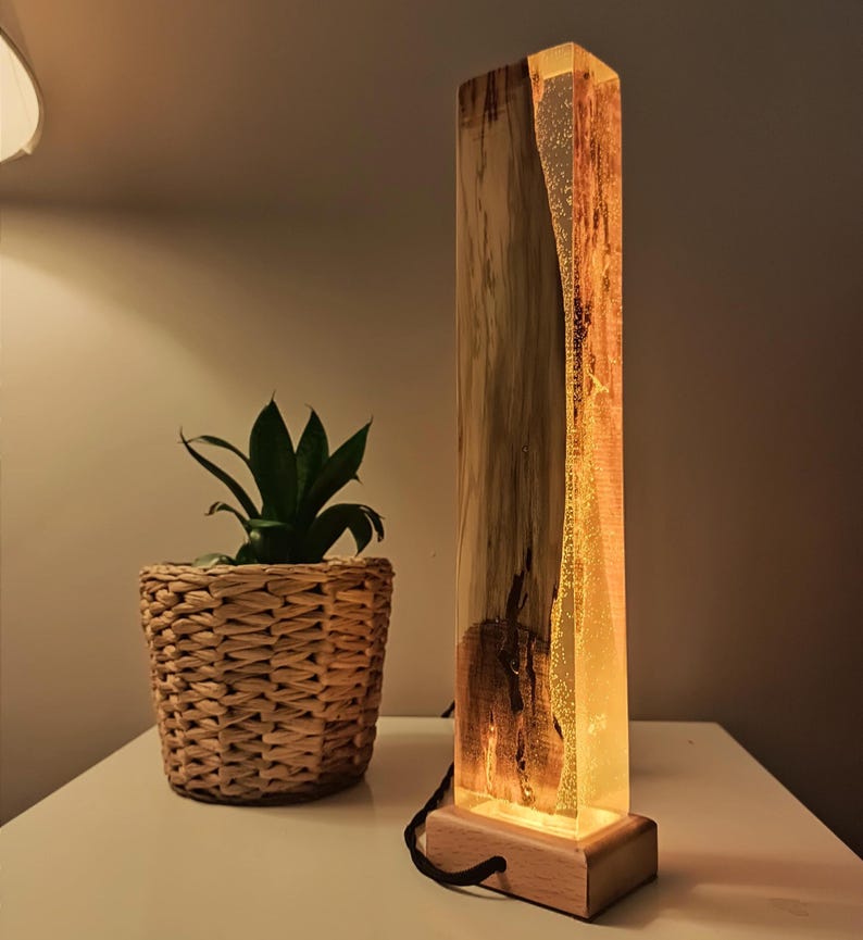 Lava Epoxy Resin Lamp, Tall Wooden Lamp for Nightstand, Bedside Decoration Lamp, Wooden Epoxy Resin Light