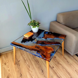 Walnut Epoxy Resin Coffee Table | Modern Epoxy Side Table Epoxy Resin Sofa End Table | Modern Handmade Furniture Wooden Legs | Custom Table