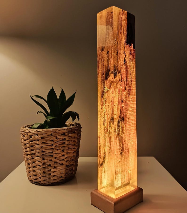 Lava Epoxy Resin Lamp, Tall Wooden Lamp for Nightstand, Bedside Decoration Lamp, Wooden Epoxy Resin Light
