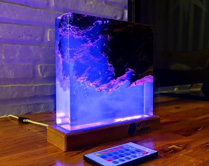 Featured listing image: Cubic Epoxy Resin Lamp | Epoxy Resin Nightlamp | Mazel Wood & Resin Decor Lamp | Wooden Modern Table Lava Lamp Home Decor for Valentines Day