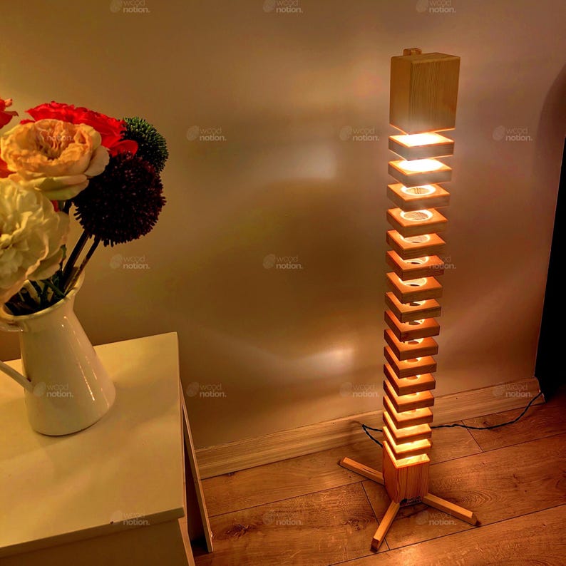 Echelon Wooden Floor Lamp, Standing Wood Modern Lamp, Rustic Ambiance Floor Lamp, Handmade Wooden Furniture, Gift for Valentine's Day