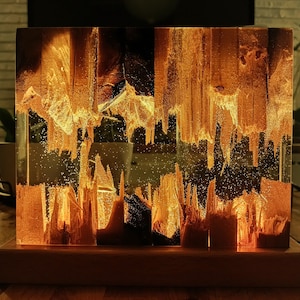 The Fission Resin Lamp, an Epoxy Resin Nightlamp with Oak Wood & Resin Decor, is a Wooden Modern Table Lamp ideal for home decor. This Resin Nightstand Lamp combines natural oak and epoxy resin, offering a sleek, contemporary glow for your nightstand or living space in a unique, handcrafted design.