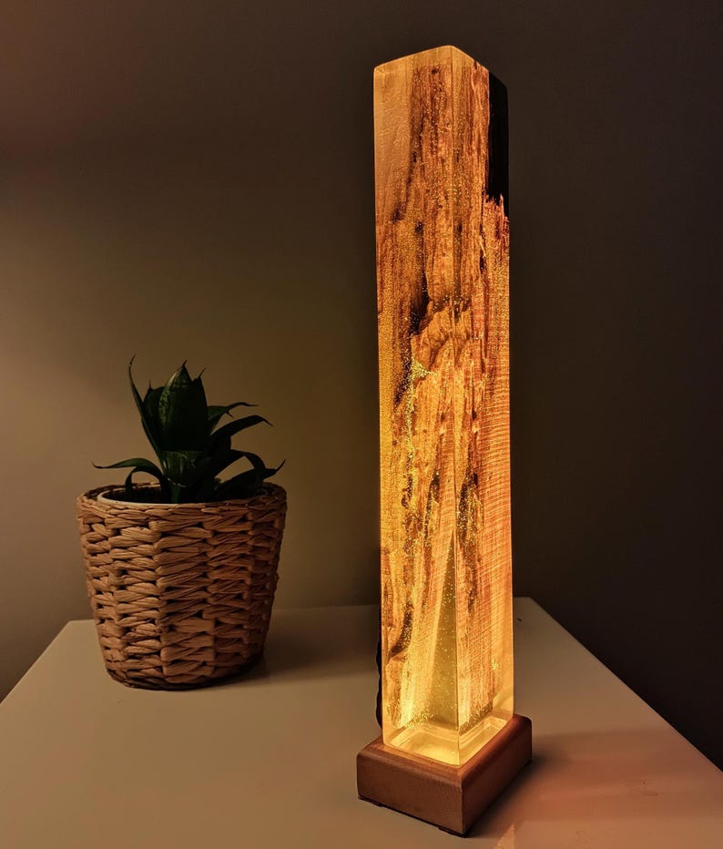 Lava Epoxy Resin Lamp, Tall Wooden Lamp for Nightstand, Bedside Decoration Lamp, Wooden Epoxy Resin Light