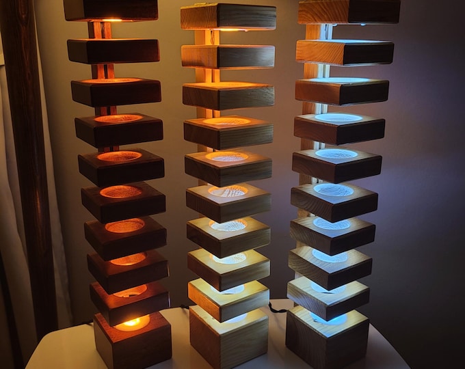 Featured listing image: Handmade Geometric Wood Table Lamp, Japandi Bedside Accent Light, Modern Minimalist Ambient Decor