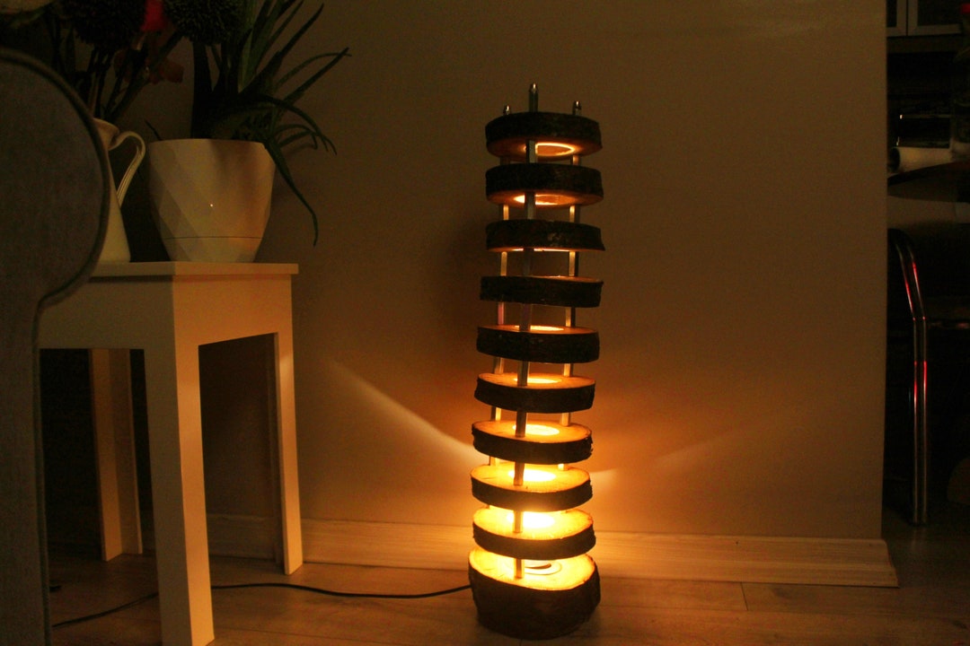 Sliced Natural Wooden Floor Lamp, Mid Century Standing Lamp, Housewarming Ambiance Lamp Made by