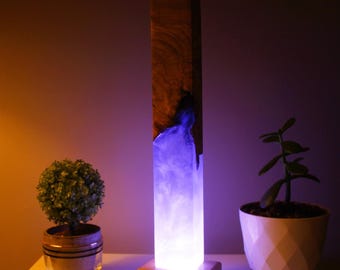 Blaue Harz Holz Nachttischlampe: Natürliche Nachttisch Dekor