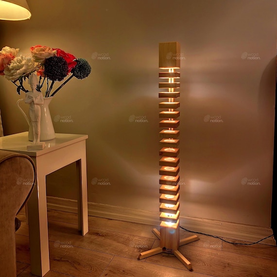 Handmade Echelon Wood Floor Lamp: Modern Japandi Standing Light, Geometric Living Room Decor