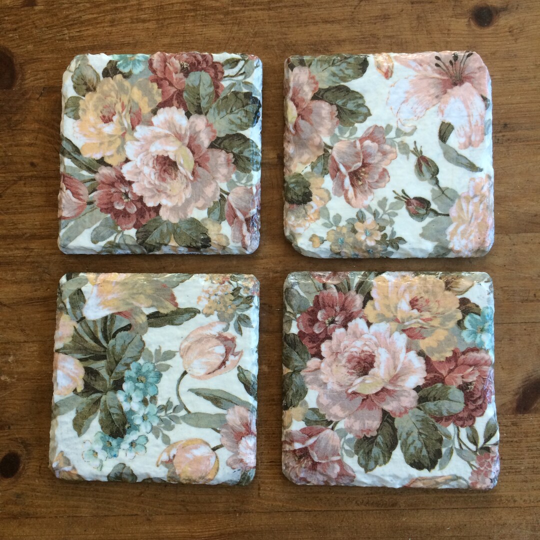 Set of 4 Handmade Floral Decoupaged Slate Coasters Etsy UK