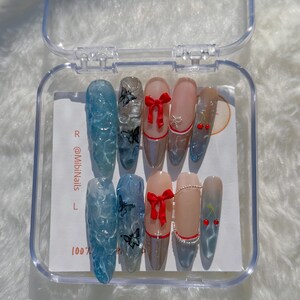 Blue Ocean Glitter Press On Nails: Cat Eye Gel, Cherry Accent