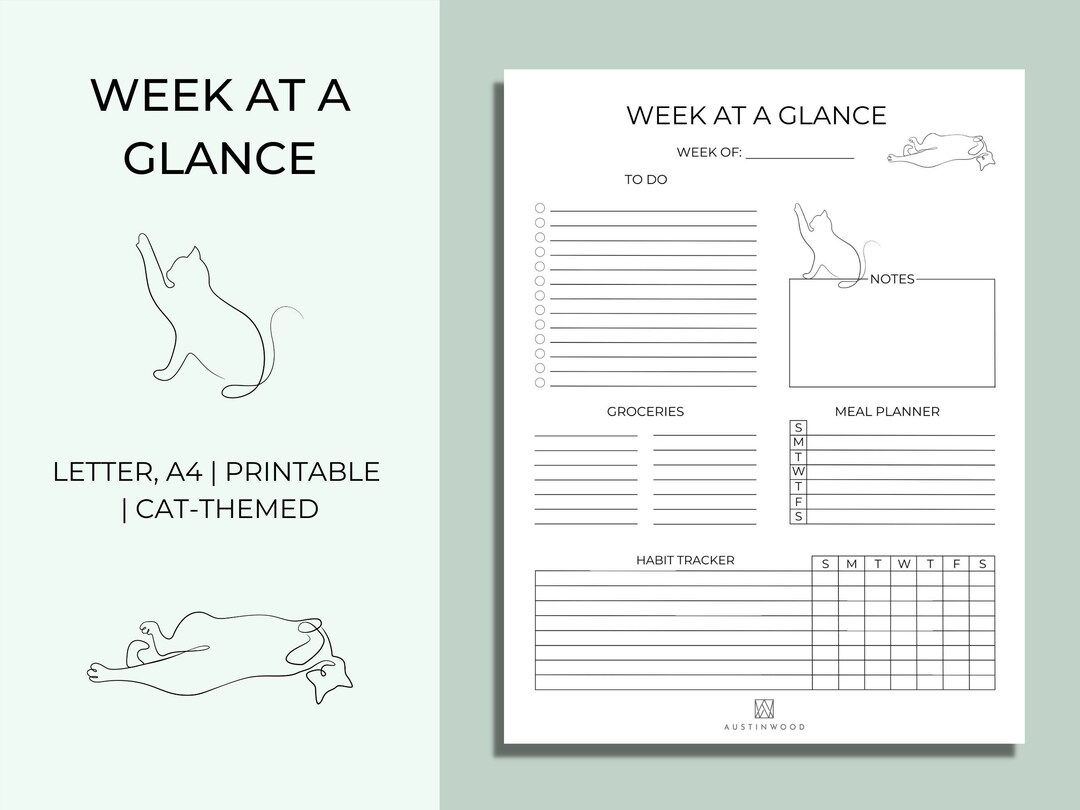 Week at a Glance Printable | Minimalist Cat Weekly Planner | Weekly ...