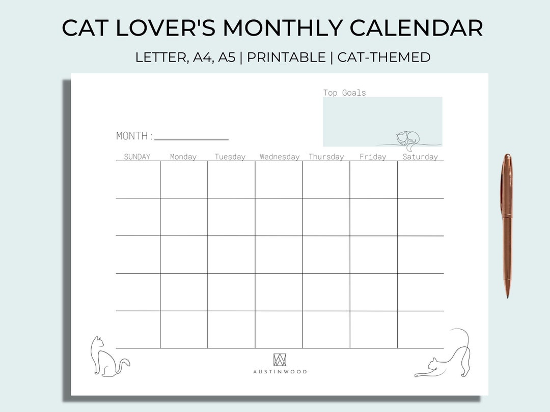 Minimalist Cat Monthly Calendar | Printable Undated Calendar | Cute ...