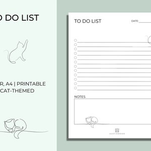 May include: A cat-themed to-do list printable on a light green background. The text "TO DO LIST" is at the top, with a line drawing of a cat. The text "LETTER, A4 | PRINTABLE | CAT-THEMED" is also visible.