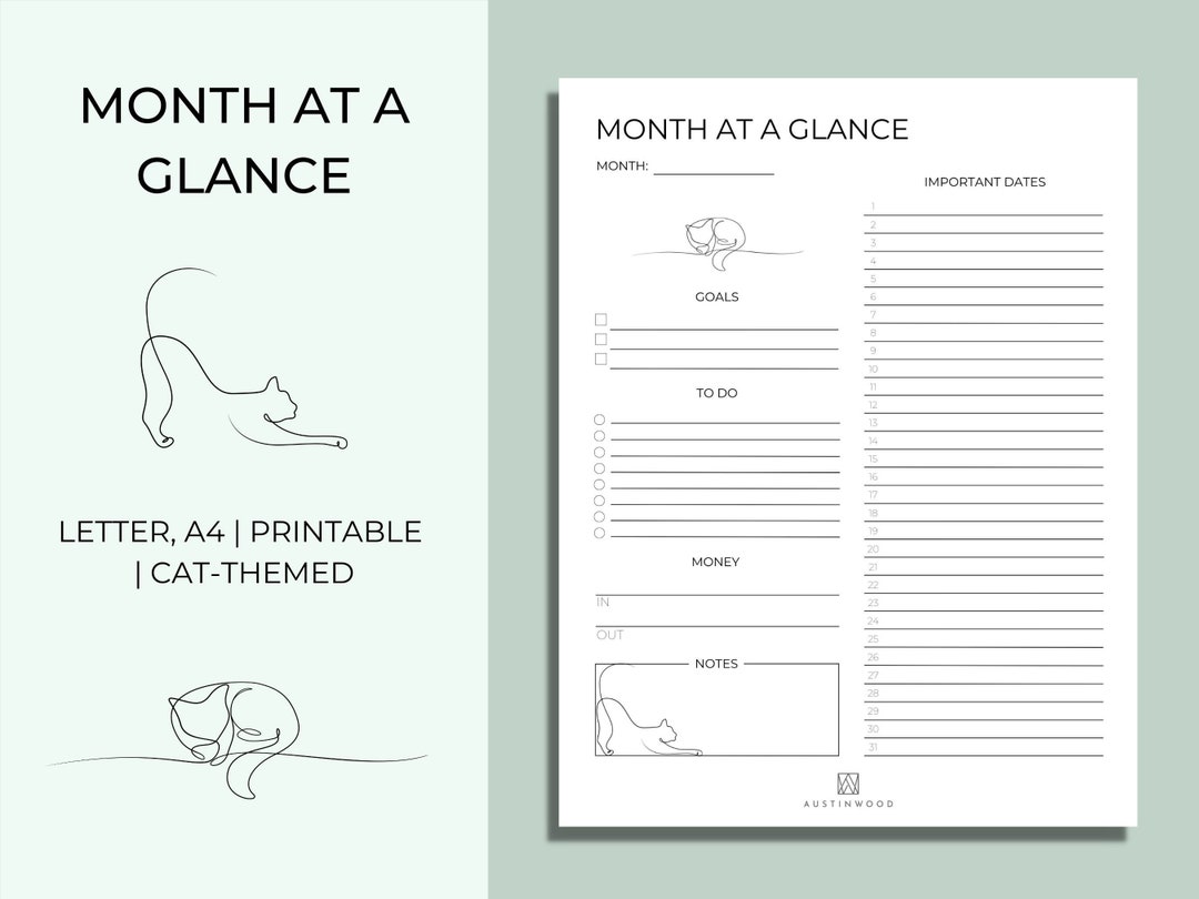 Month at a Glance Printable | Minimalist Cat Monthly Planner | Monthly ...