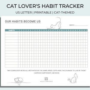 Peut inclure: Un suivi d'habitudes imprimable au format US Letter pour les amoureux des chats. Le design présente une grille pour suivre les habitudes, avec le texte "OUR HABITS BECOME US" en haut. Comprend une citation de Jim Davis et des illustrations sur le thème des chats. Un stylo cuivré est à droite.
