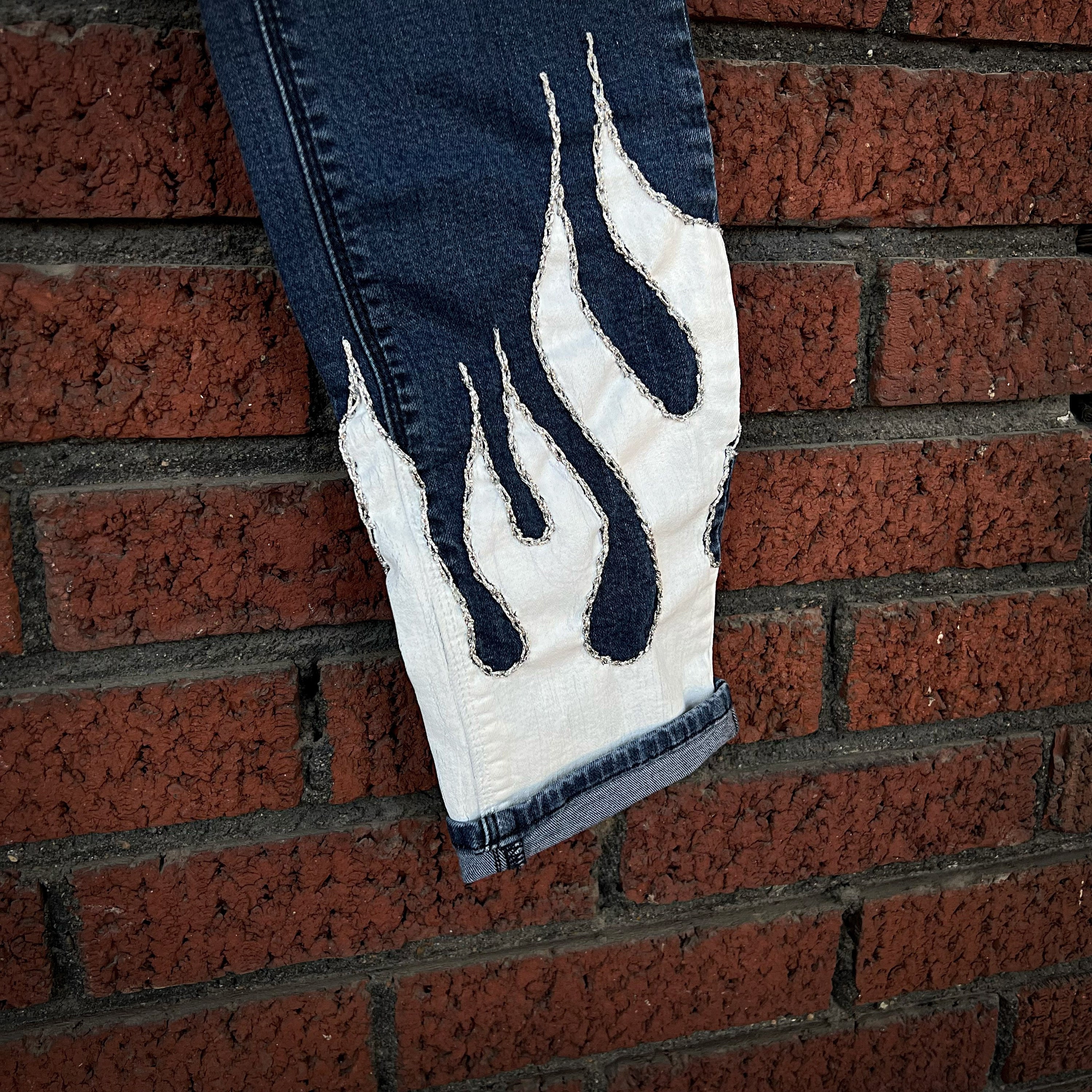 White jeans hotsell with flames