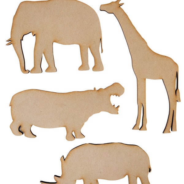 059 Four Wooden African Zoo Animals, Craft Shapes, Blank, Scrapbook, Decoration Embellishments.