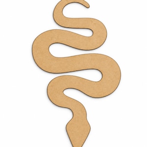 May include: A flat, light brown, snake-shaped cutout made of a smooth, compressed wood material. The snake is depicted in a winding, S-shaped posture with a pointed tail at the top and a distinct, diamond-shaped head pointing downwards at the bottom.