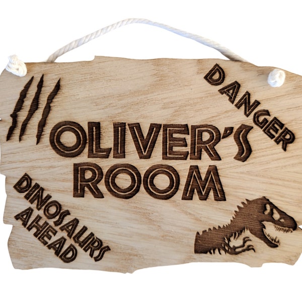 Plaque personnalisée en bois avec nom de dinosaure, plaque de porte de chambre, chambre de garçon, de fille, placage de chêne de 4 mm.