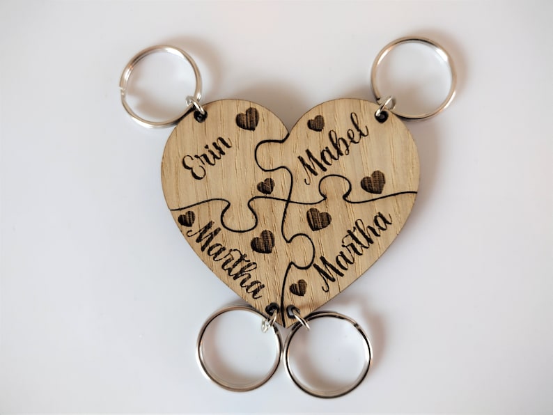 Wooden Heart Shaped Keyring Personalised Puzzle, Family Jigsaw Gift Keyrings. 