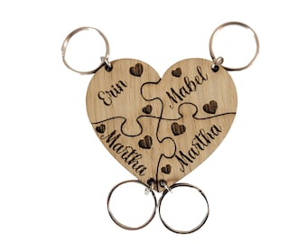 Wooden Heart Shaped Keyring, Personalised Puzzle Keychain, Friendship Gift, Family Jigsaw.