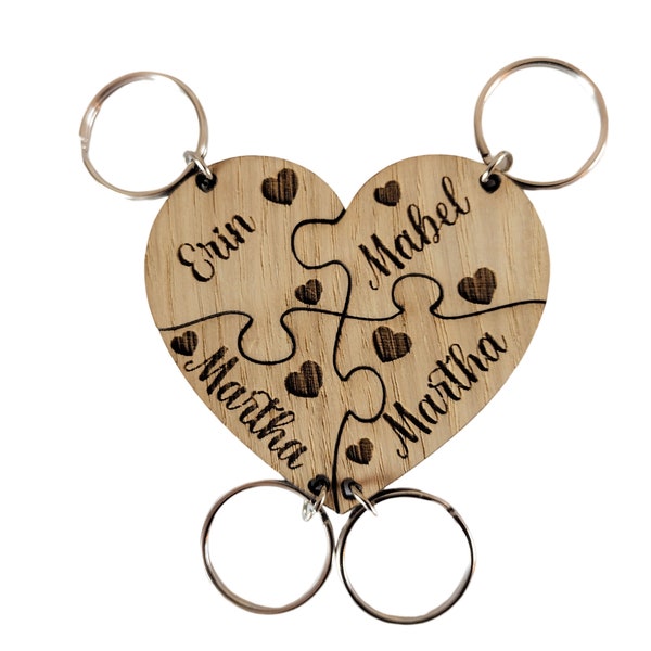 Wooden Heart Shaped Keyring Personalised Puzzle, Family Jigsaw Gift Keyrings.